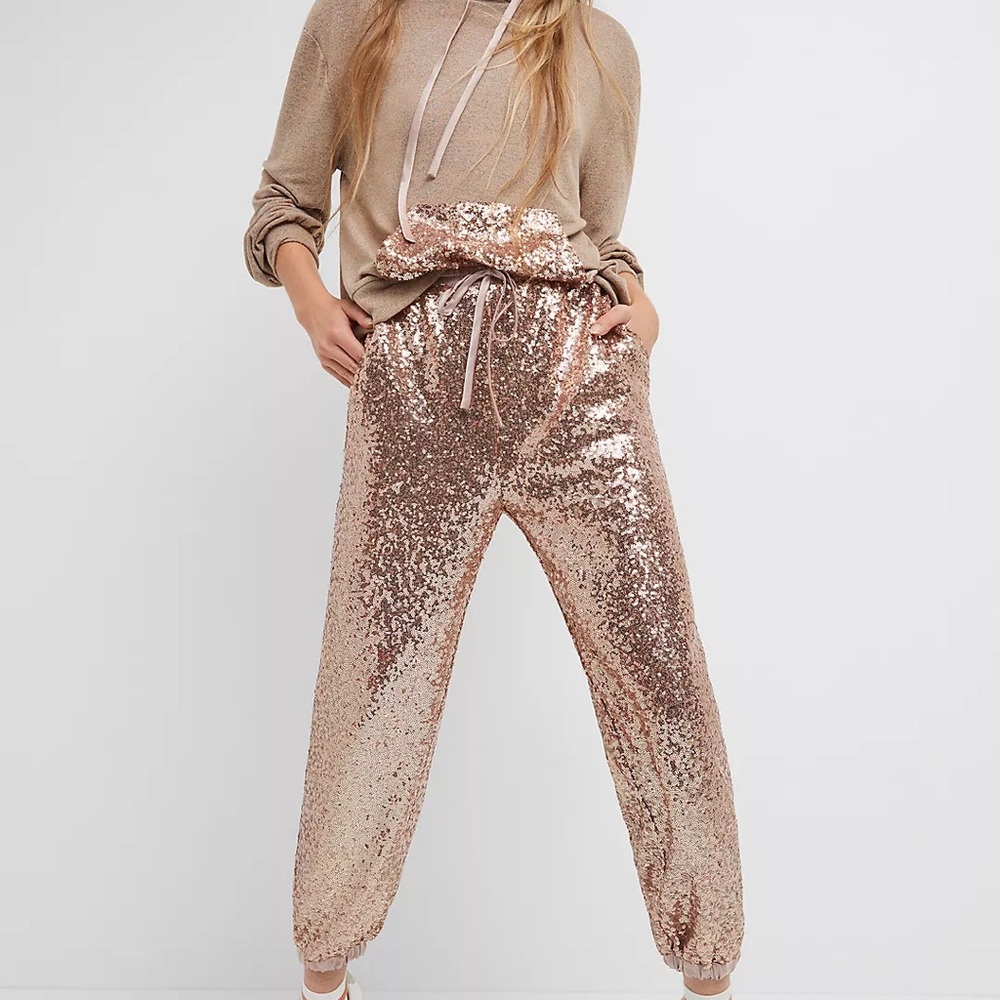 Rose Gold Marietta Sequined Joggers, NWT M